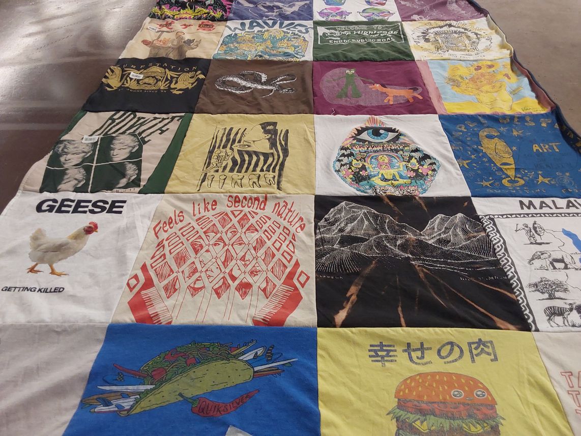 T-shirt quilt with food, art themes by Rebecca from FL