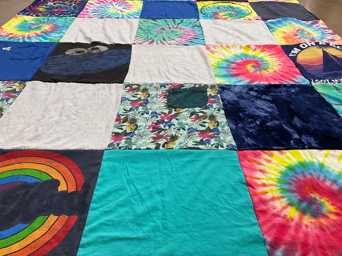 T-shirt quilt with tie dye, floral patterns themes by Stephanie from VA