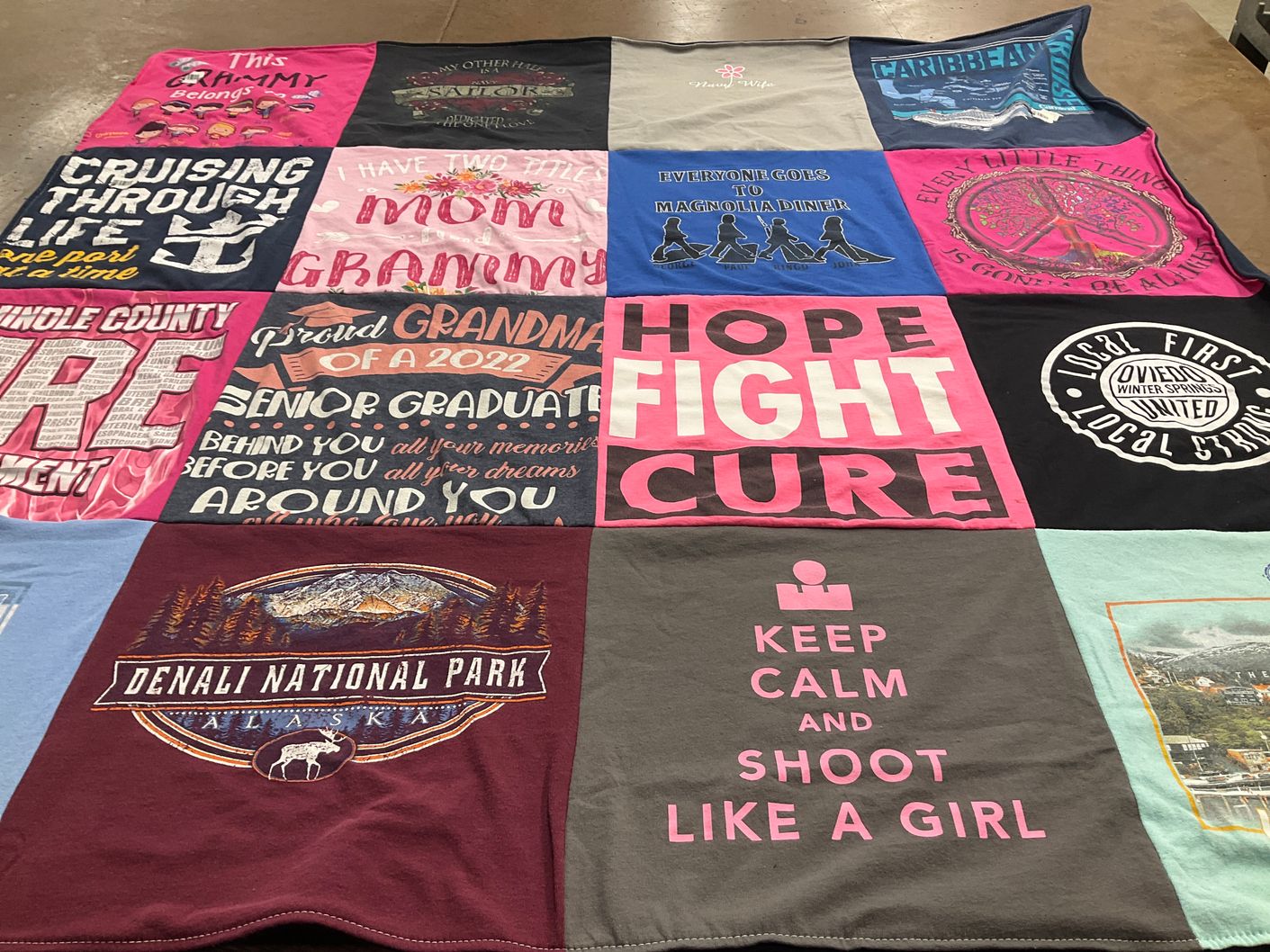 T-shirt quilt with family, graduation themes by Julie from FL