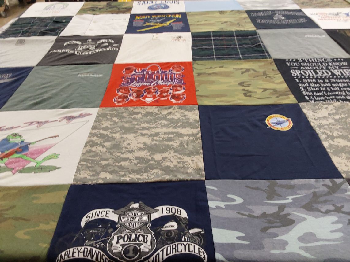 T-shirt quilt with fishing, motorcycles themes by Dawn from IL