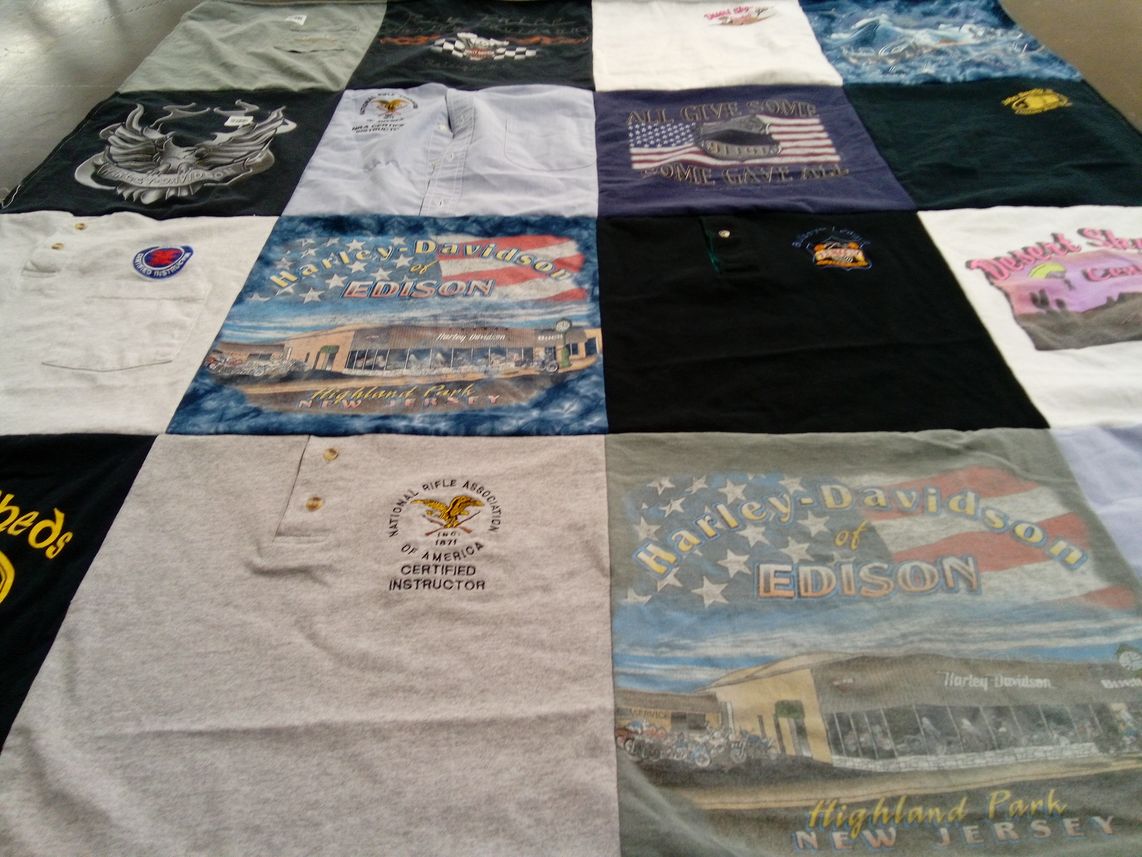 T-shirt quilt with motorcycles, shooting sports themes by Jennifer from NJ