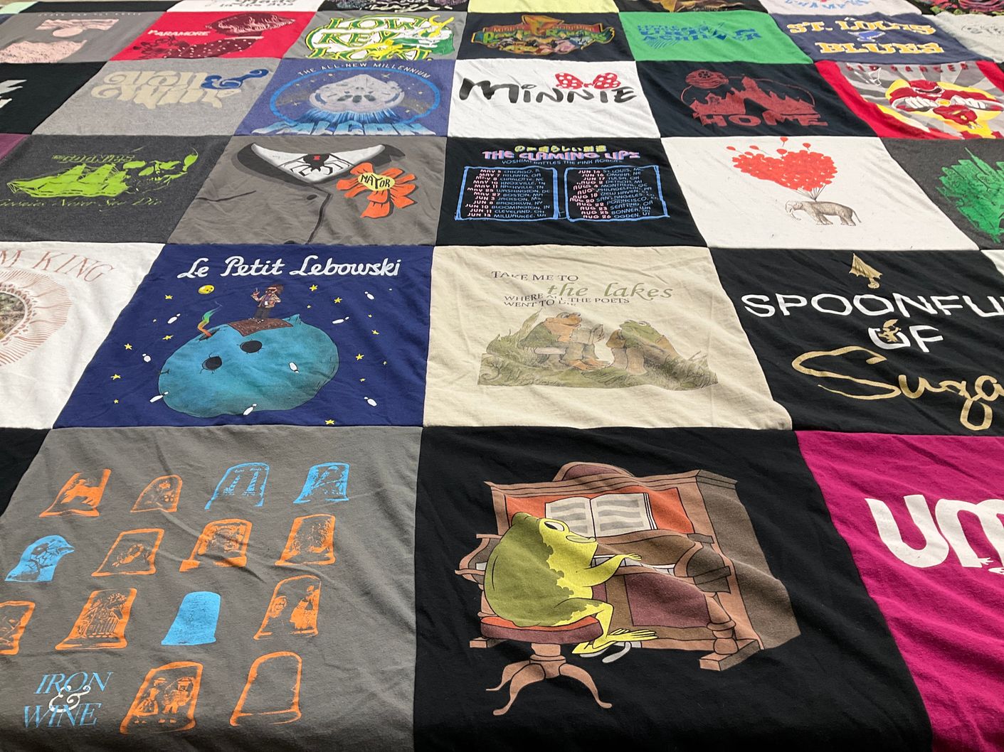 T-shirt quilt with movies, literature themes by Tiffany from MO
