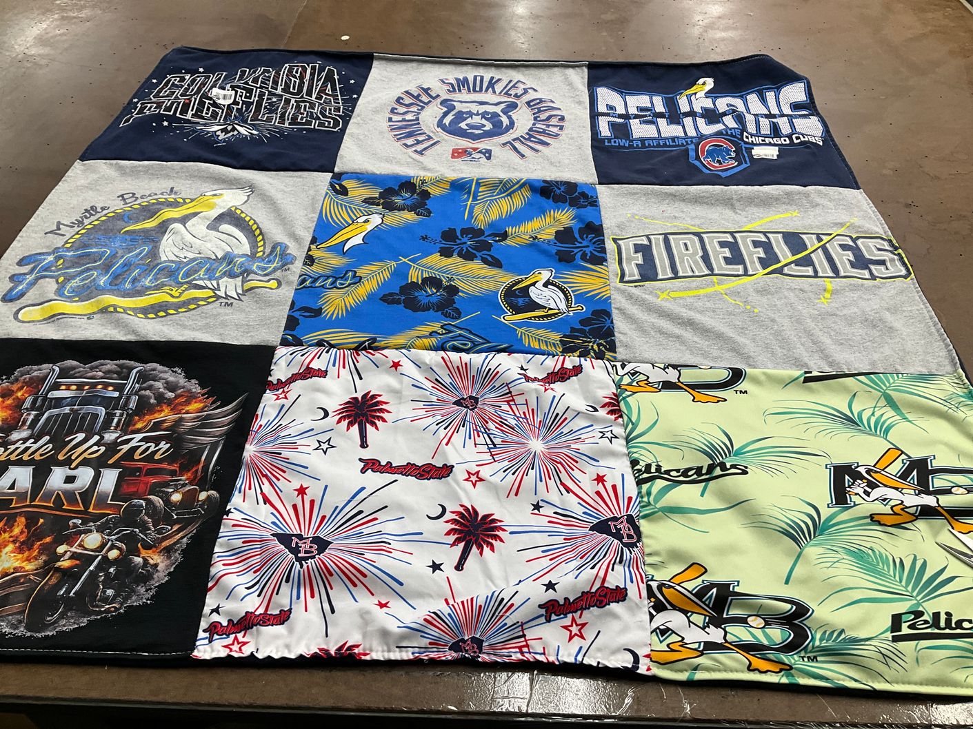 T-shirt quilt featuring columbia fireflies, myrtle beach pelicans by Renee from SC