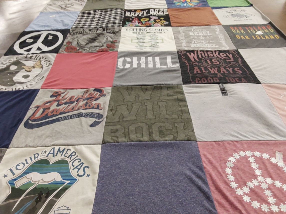 T-shirt quilt with motorcycles, music themes by Lacy from KS