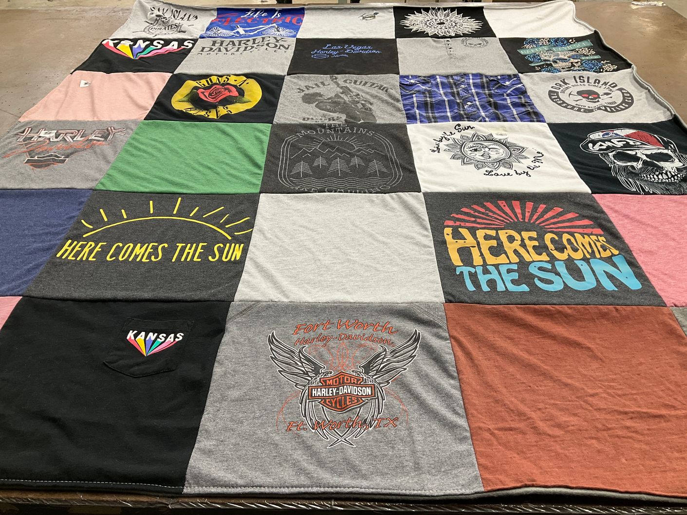 T-shirt quilt with motorcycles, travel themes by Lacy from KS