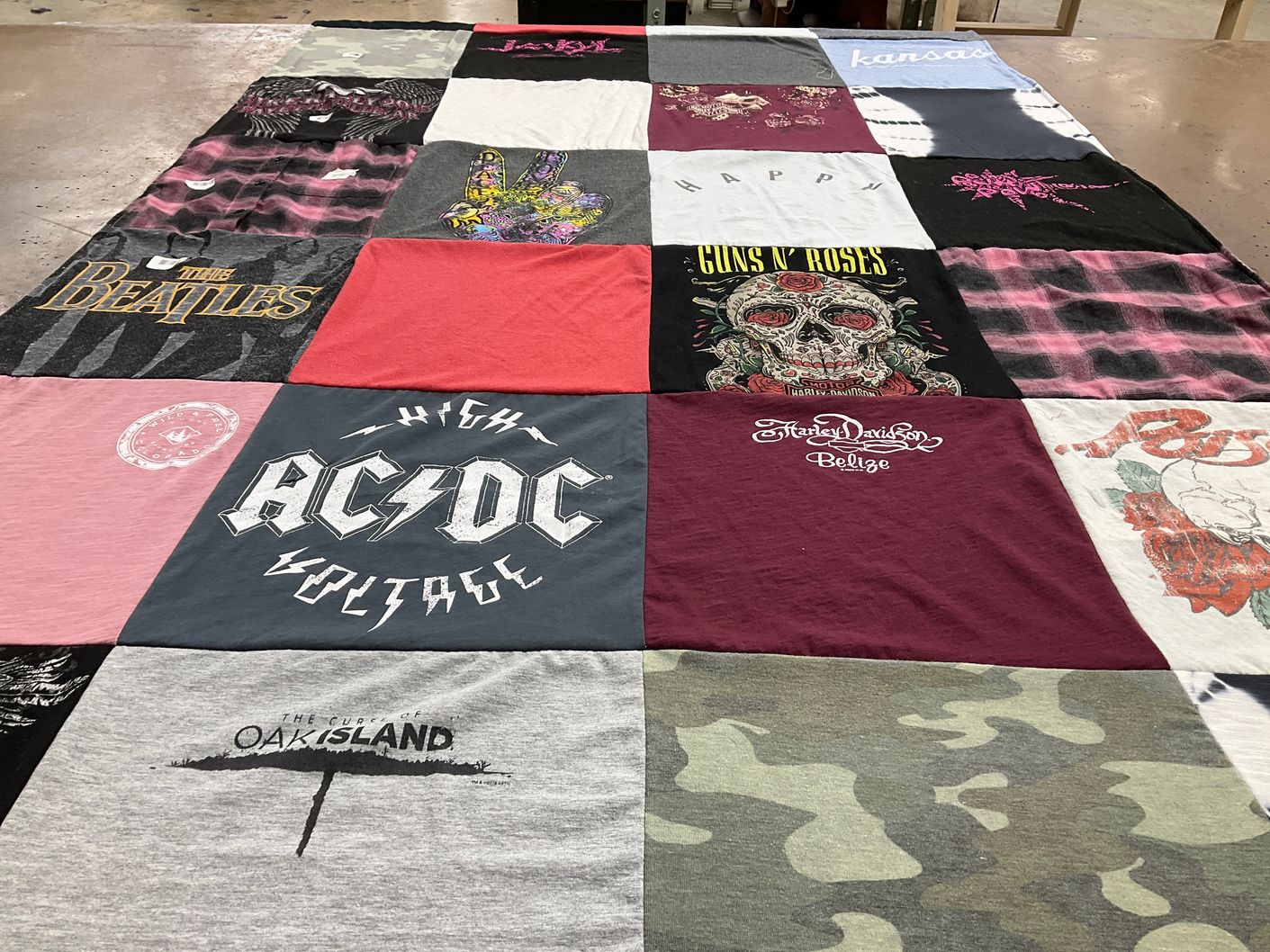 T-shirt quilt with music, rock bands themes by Lacy from KS