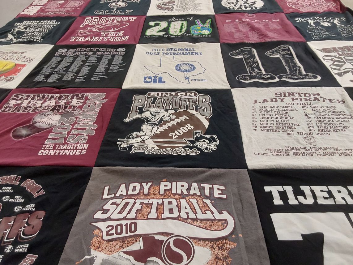 T-shirt quilt featuring sinton lady pirates softball, sinton pirates football by Terri from TX