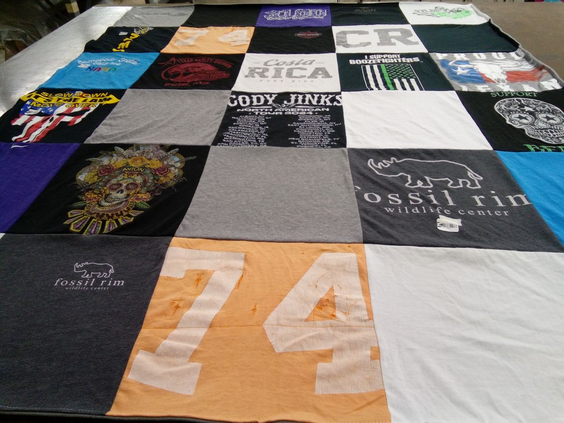 T-shirt quilt with wildlife, motorcycles themes by terri from TX