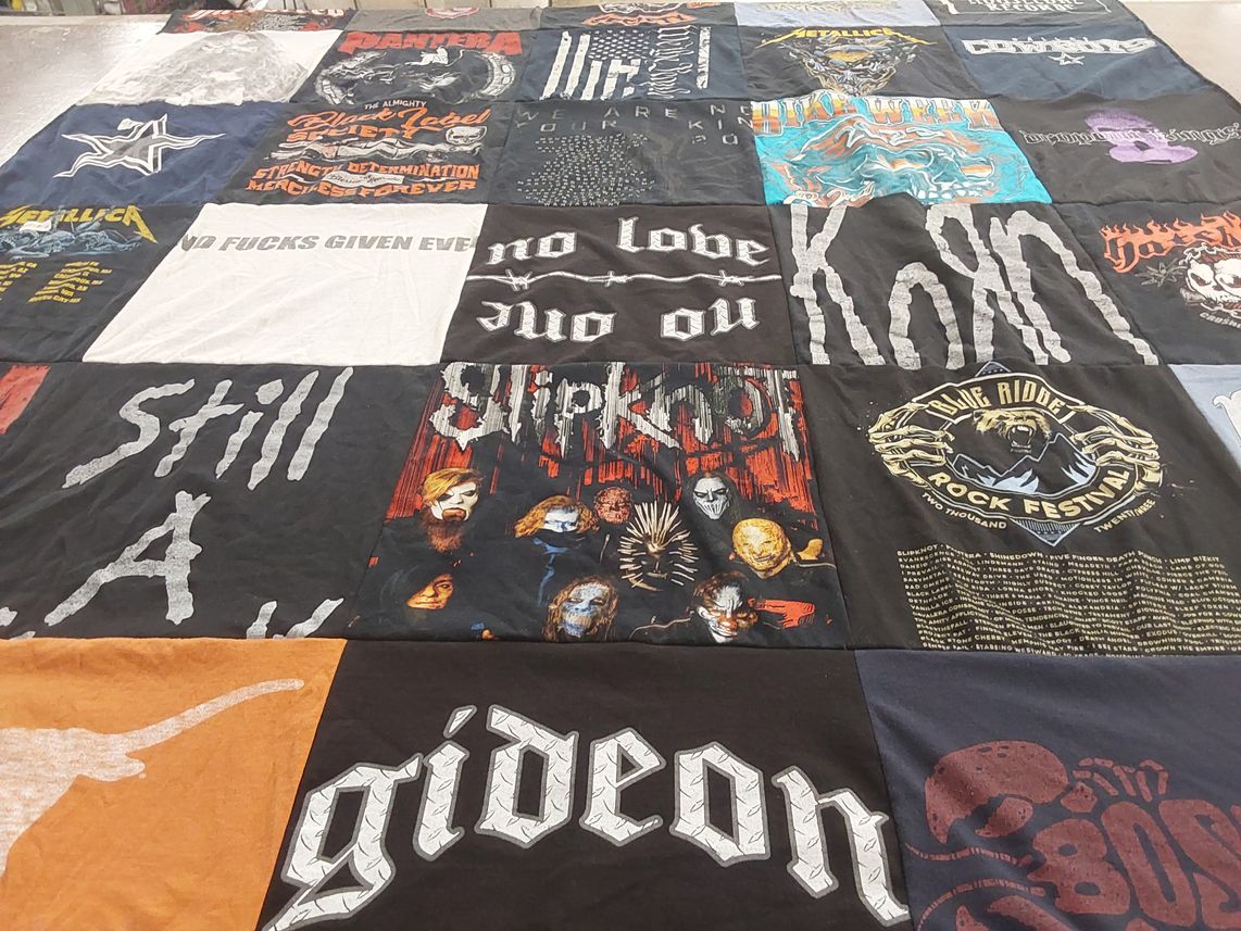 T-shirt quilt with music, rock themes by Jennifer from TX