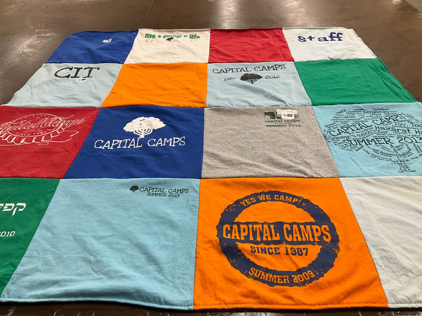 T-shirt quilt with camping, outdoor activities themes by Loree from MD
