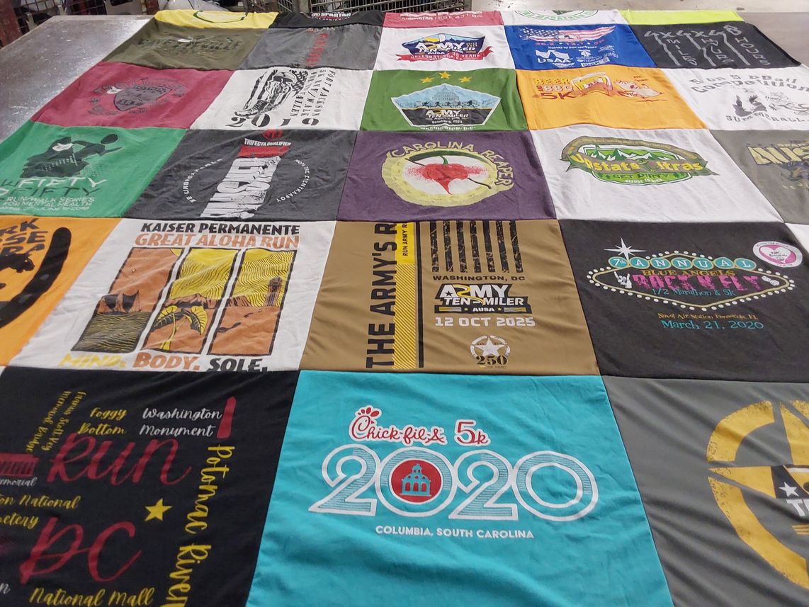 T-shirt quilt with running, fitness themes by Mychael from TX