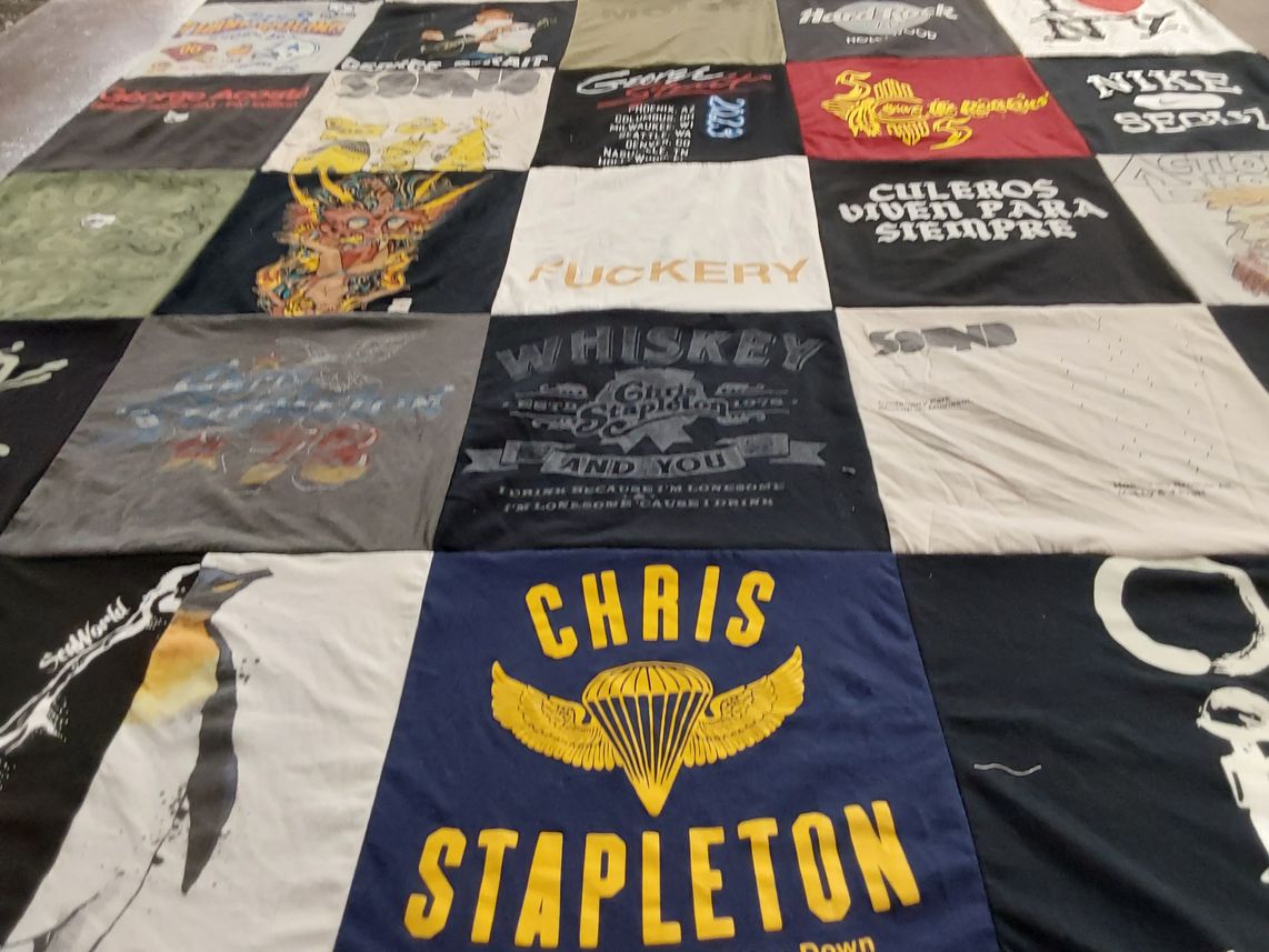 T-shirt quilt with music, alcohol themes by Mychael from TX
