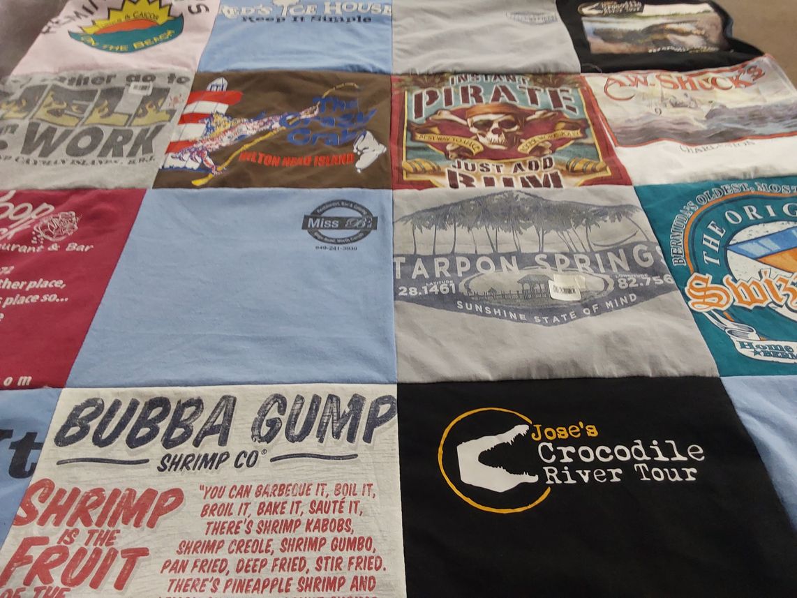 T-shirt quilt with seafood, food themes by Cynthia from SC