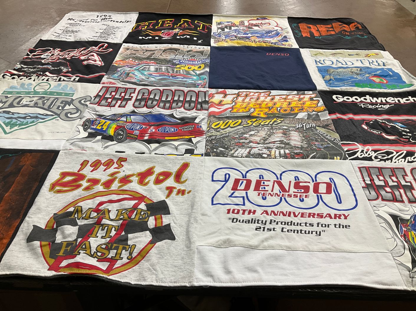 T-shirt quilt with nascar, auto racing themes by Evelyn from TN