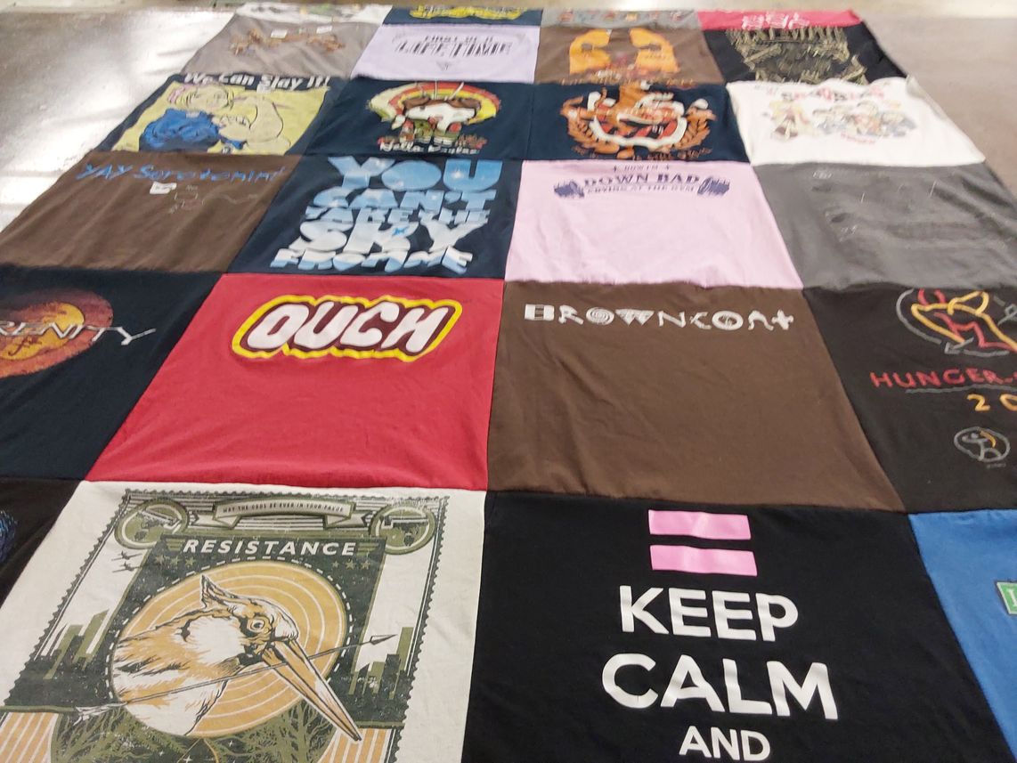 T-shirt quilt with pop culture, comics themes by Dianna from CA