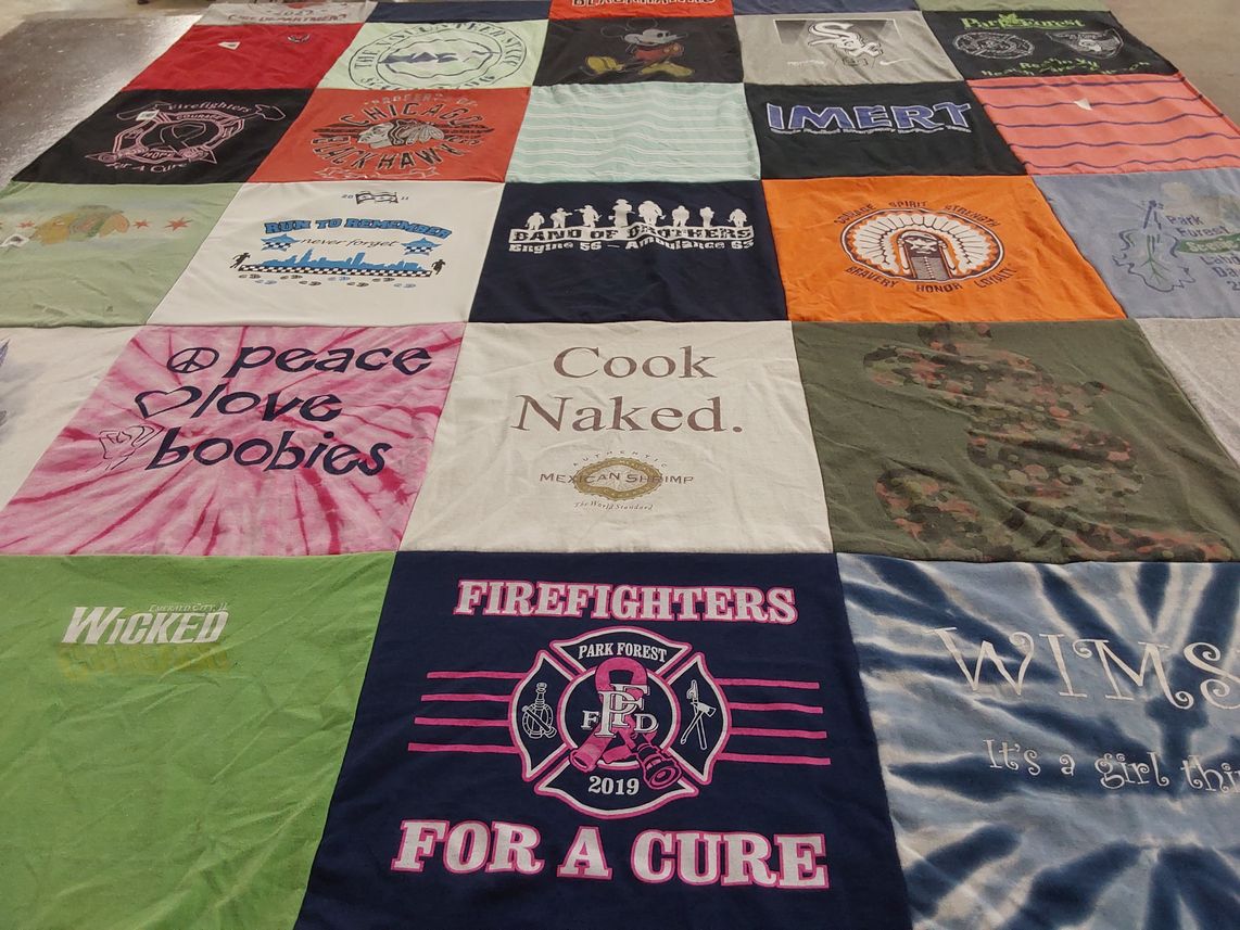 T-shirt quilt with firefighting, cooking themes by Julia from TN