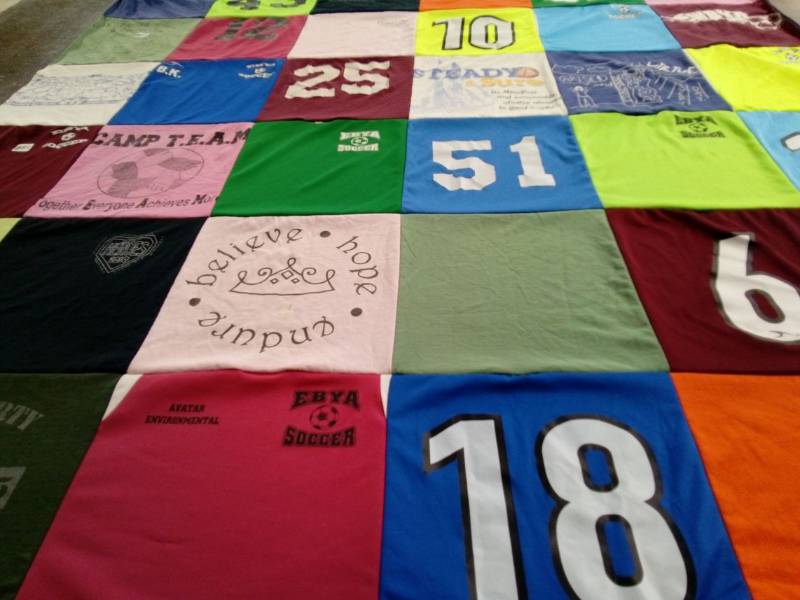 T-shirt quilt with soccer, camping themes by Marbet from UT