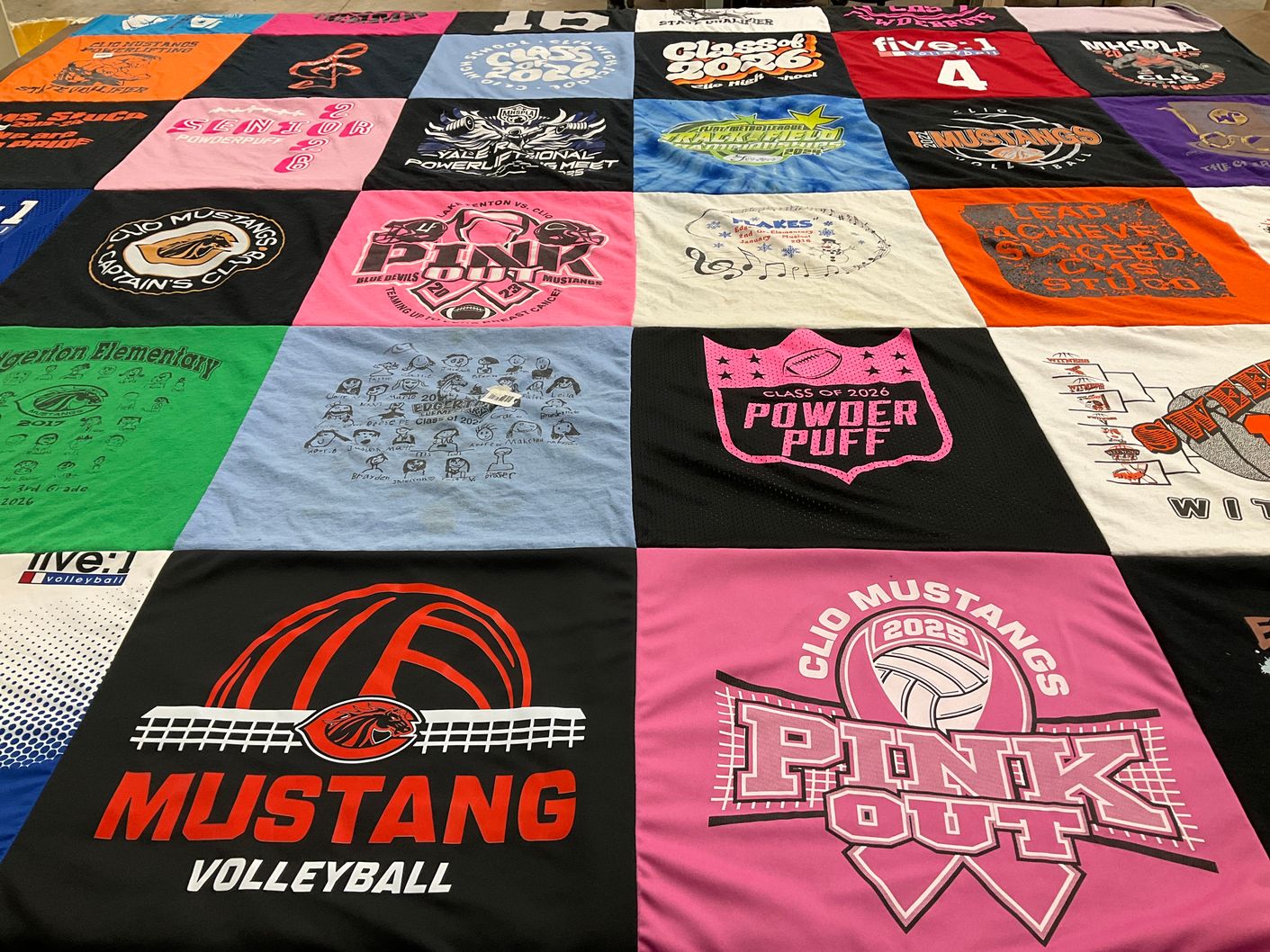 T-shirt quilt featuring clio mustangs, edgerton elementary by Tara from MI
