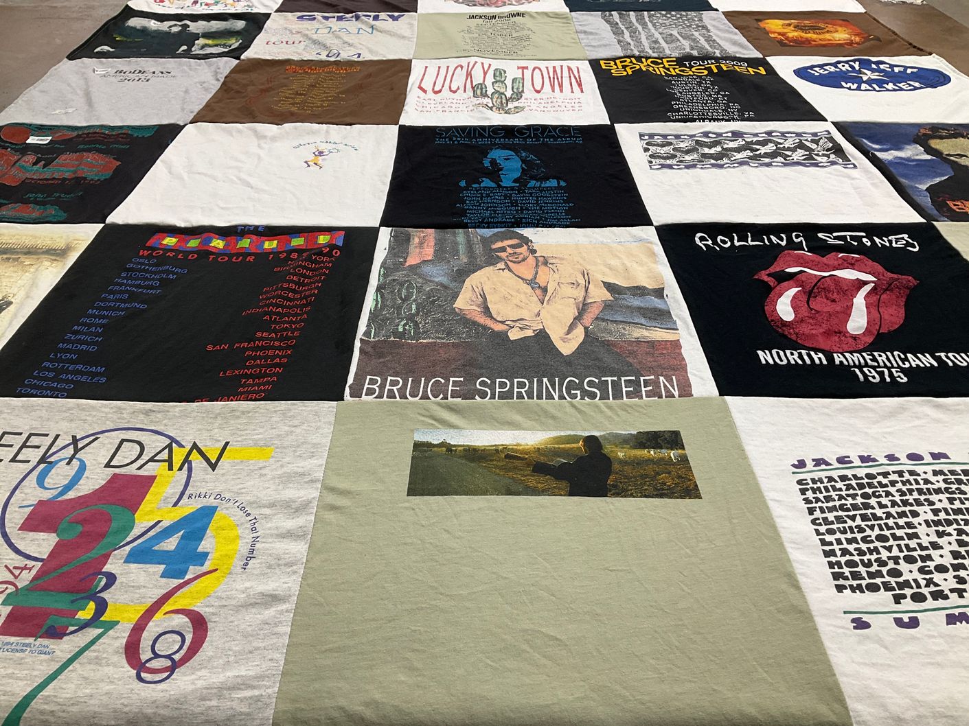 T-shirt quilt with music, concerts themes by Linda from AZ