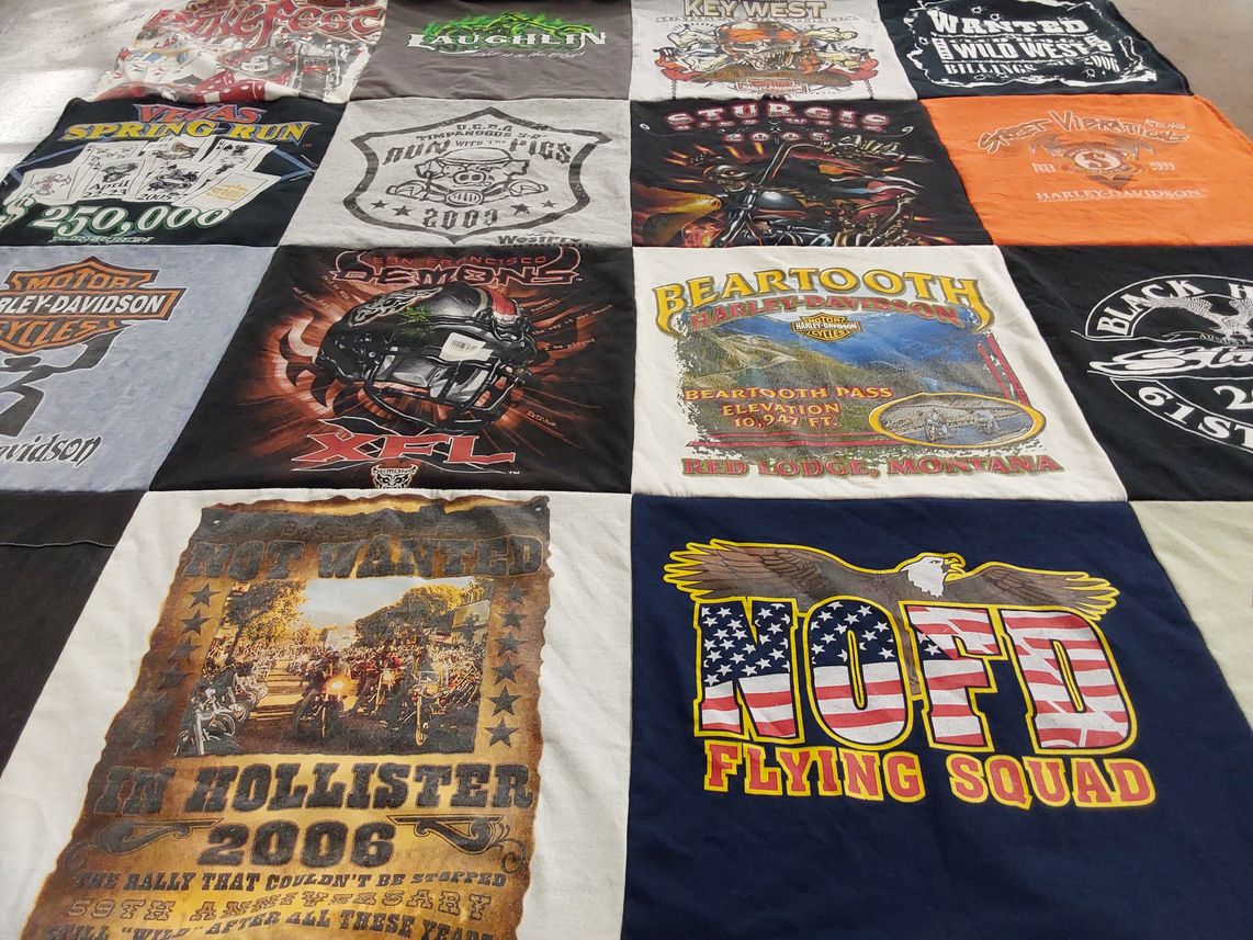 T-shirt quilt with motorcycles, biking themes by Eldon from WA