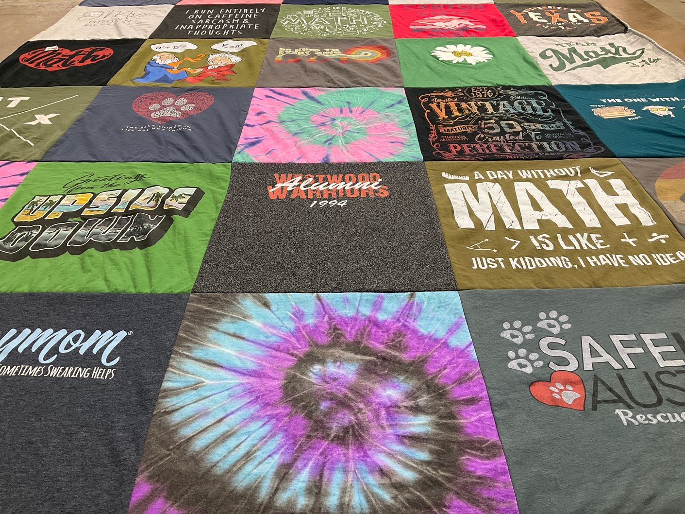 T-shirt quilt with education, humor themes by Mandie from TX