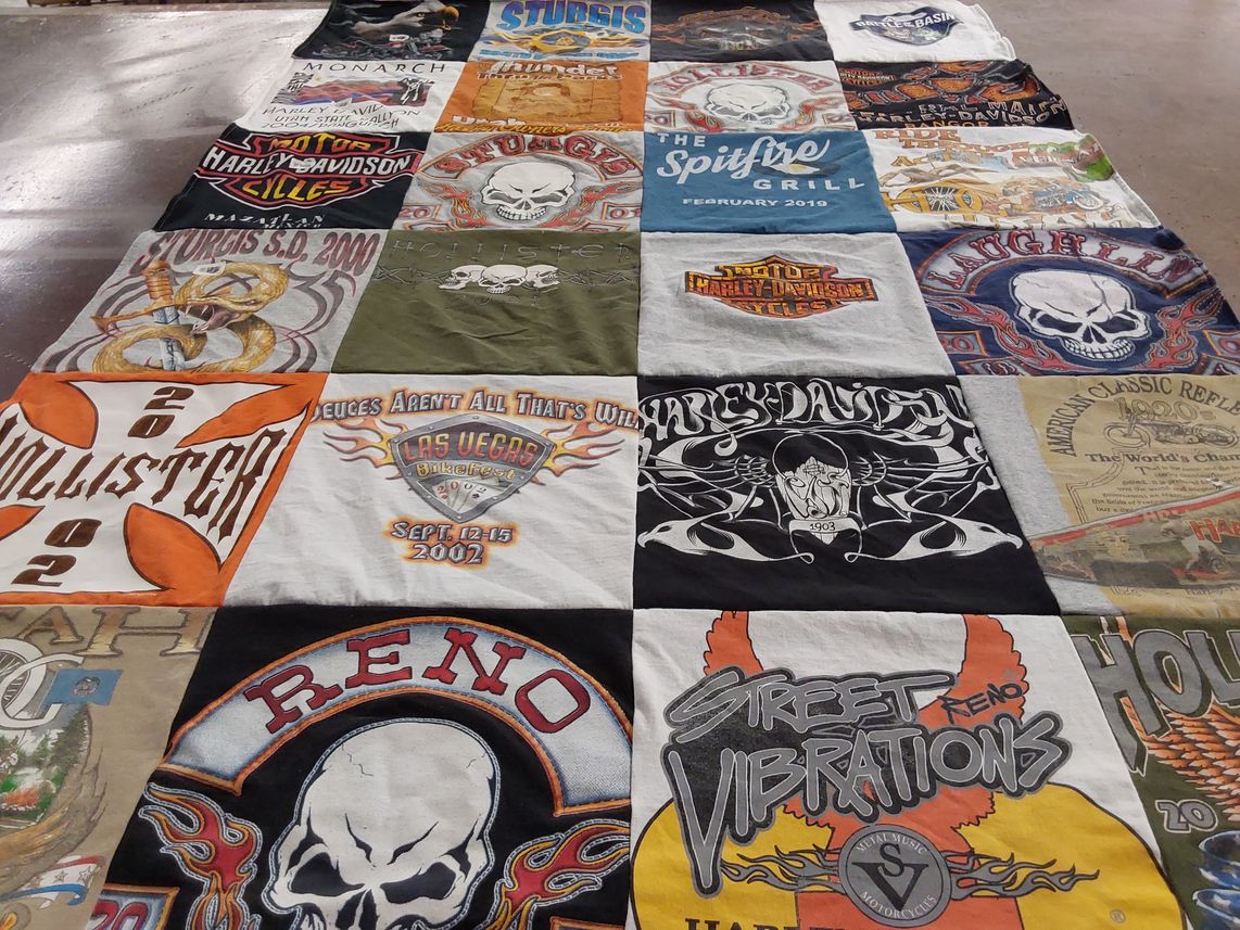 T-shirt quilt with motorcycles, biking themes by Eldon from WA