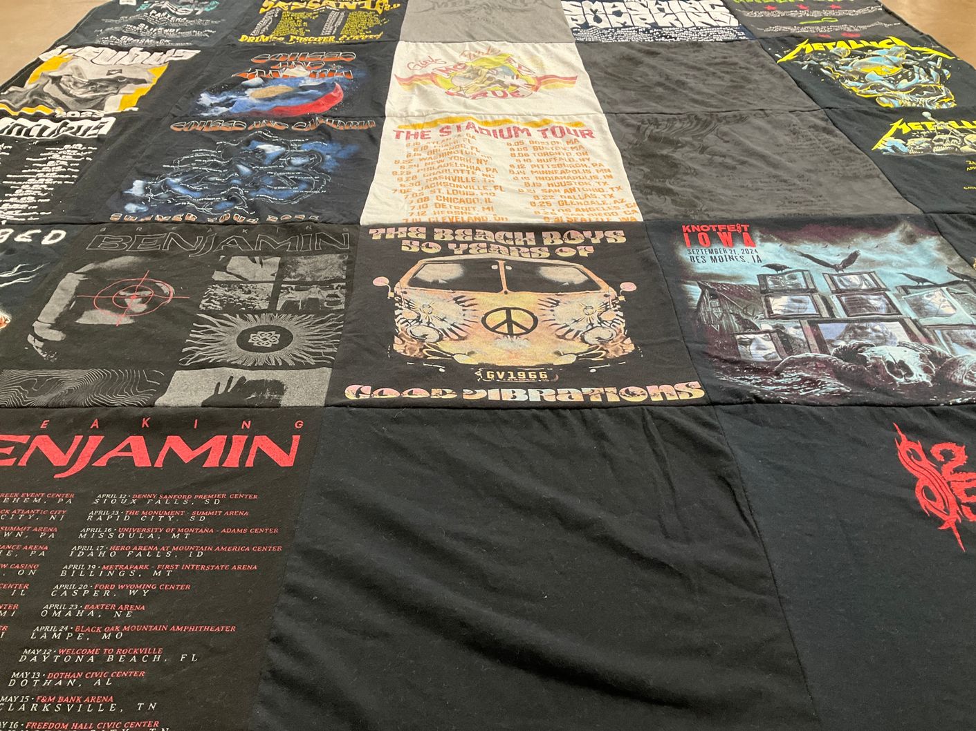 T-shirt quilt with music, concerts themes by Laura from MN