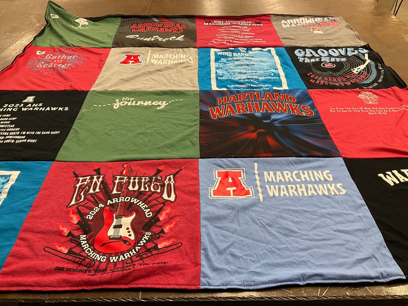 T-shirt quilt featuring arrowhead marching warhawks, hartland warhawks by Joy from WI
