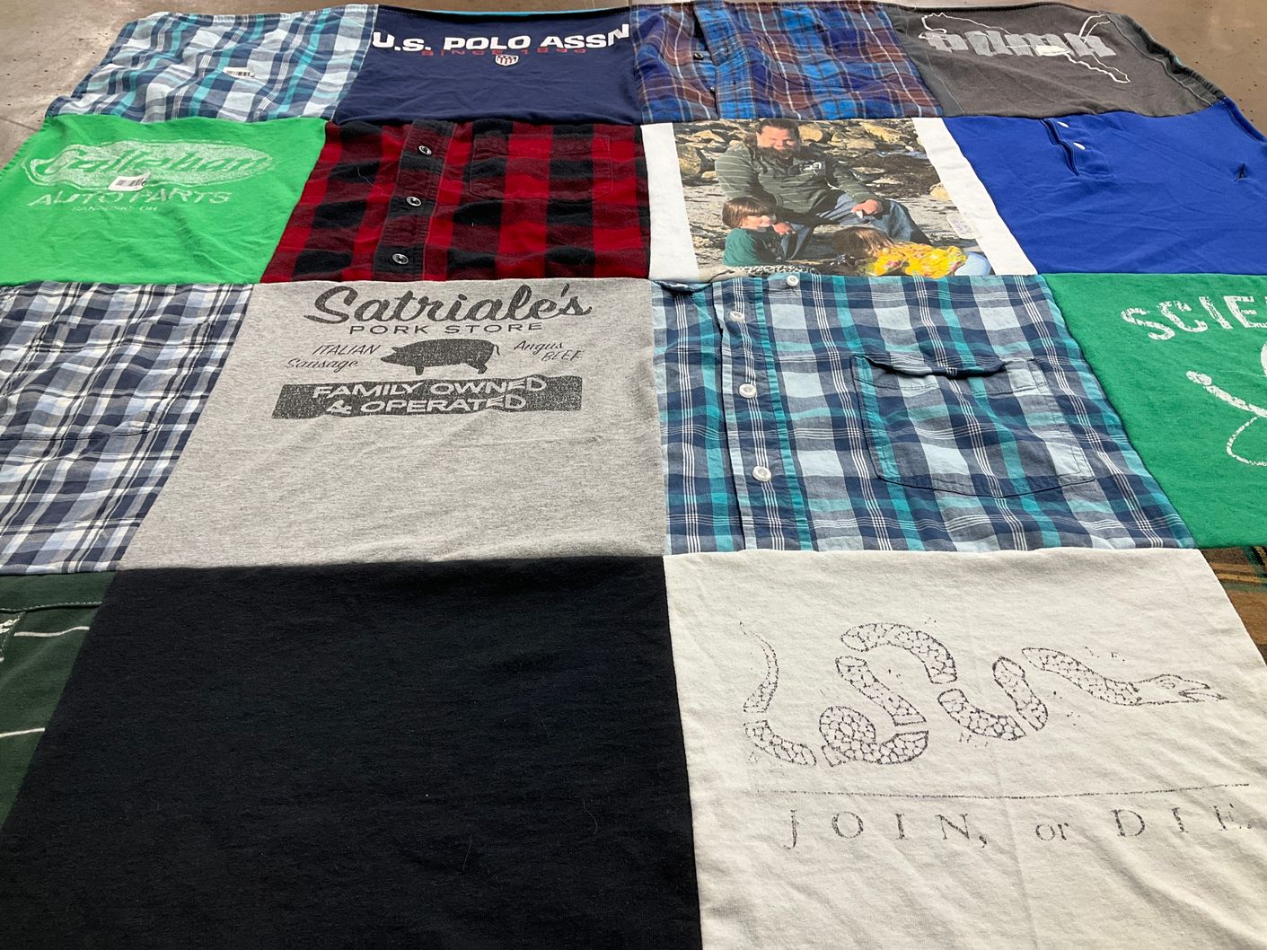 T-shirt quilt with auto parts, food themes by Janessa from ME