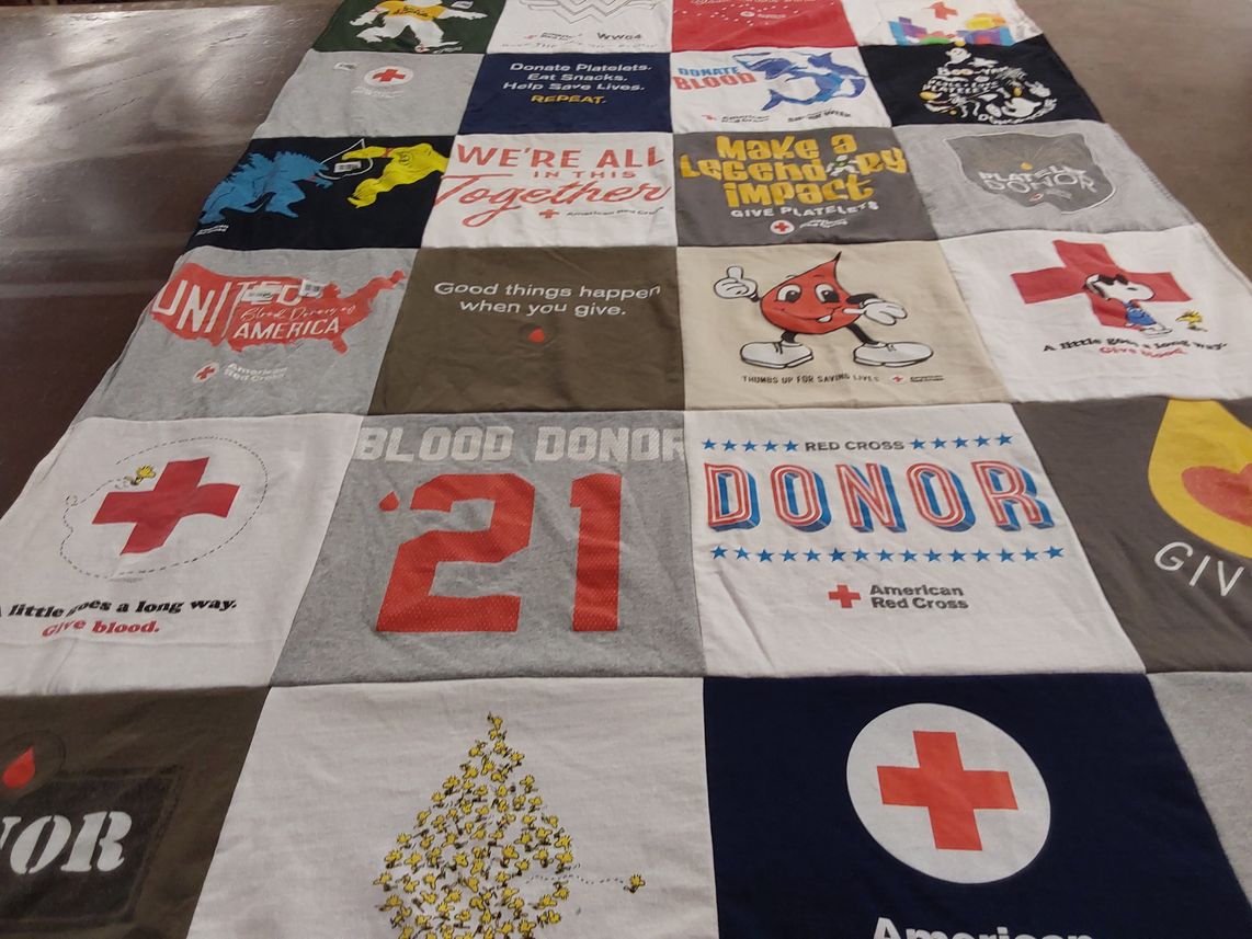 T-shirt quilt with blood donation, charity themes by Joseph from MI