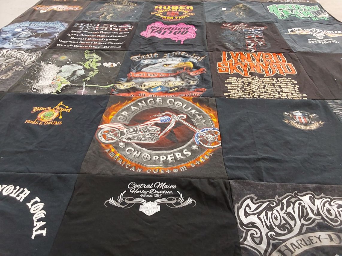 T-shirt quilt with motorcycles, biking themes by Joy from NJ