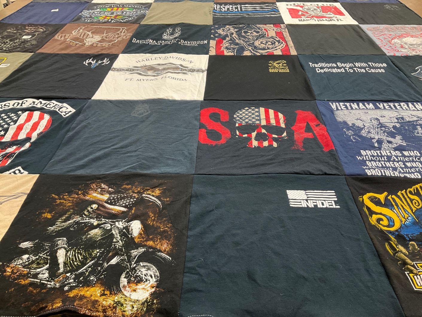 T-shirt quilt with motorcycles, military themes by Nancy from NY