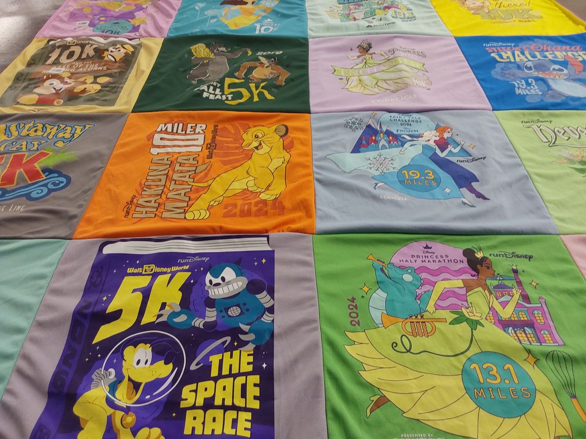 T-shirt quilt with running, disney themes by Lea Ann from MS