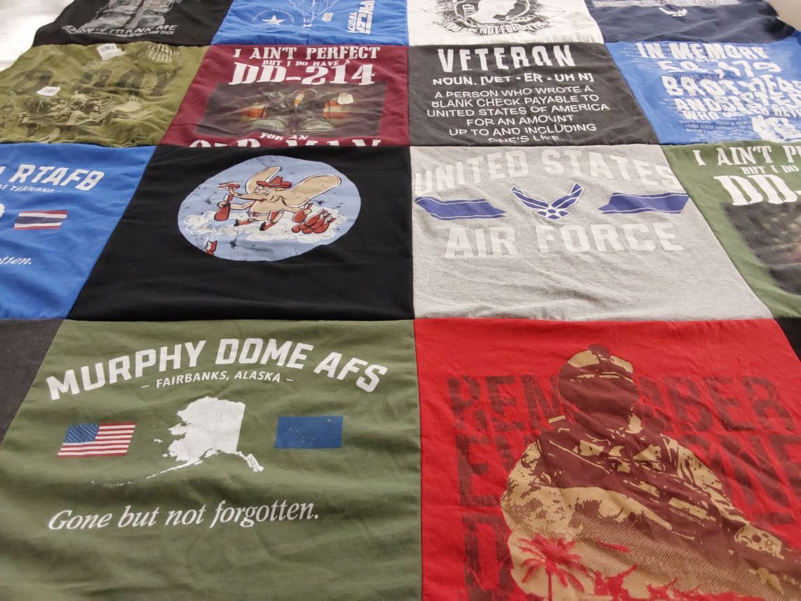 T-shirt quilt with military, veterans themes by Amy from IN