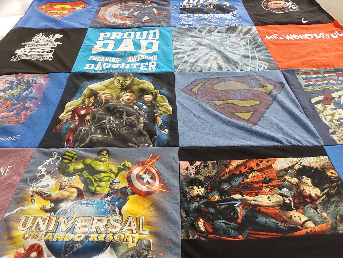 T-shirt quilt with superheroes, comics themes by Amy from IN