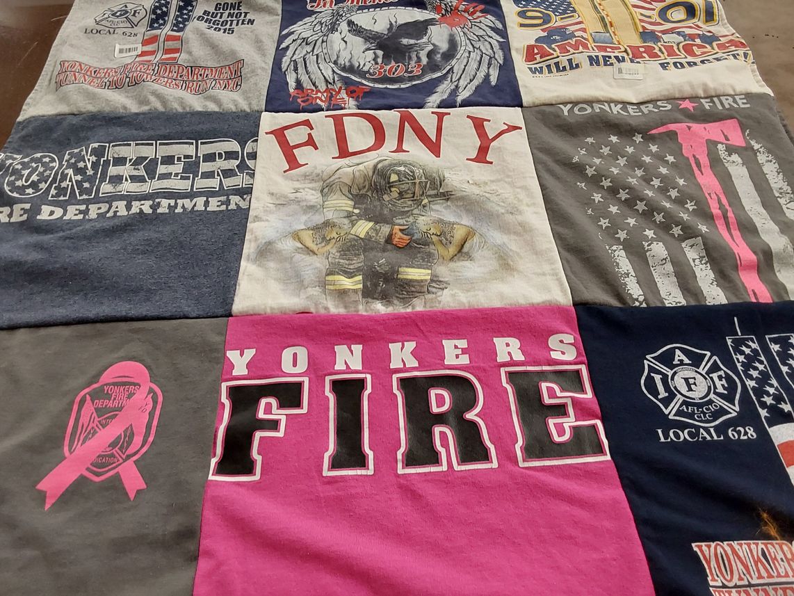 T-shirt quilt with firefighting, emergency services themes by mary from NY