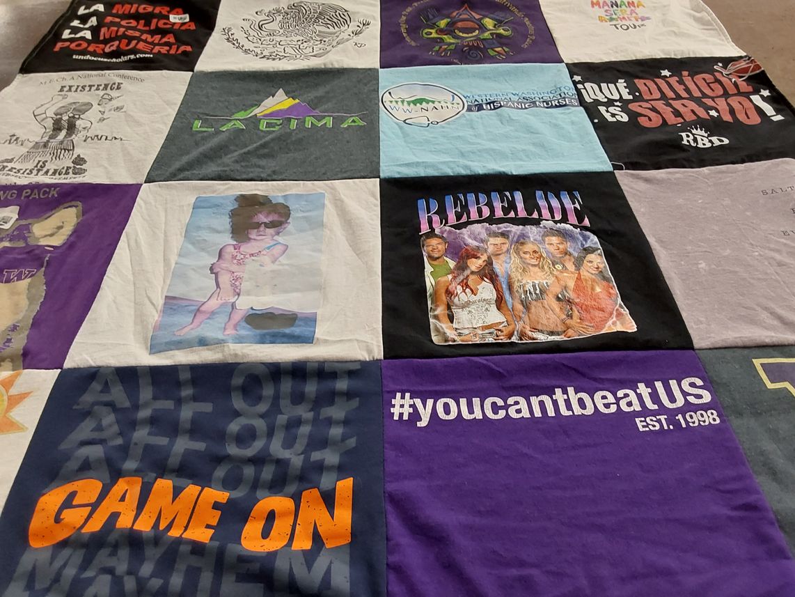 T-shirt quilt with activism, latinx themes by Annel from WA