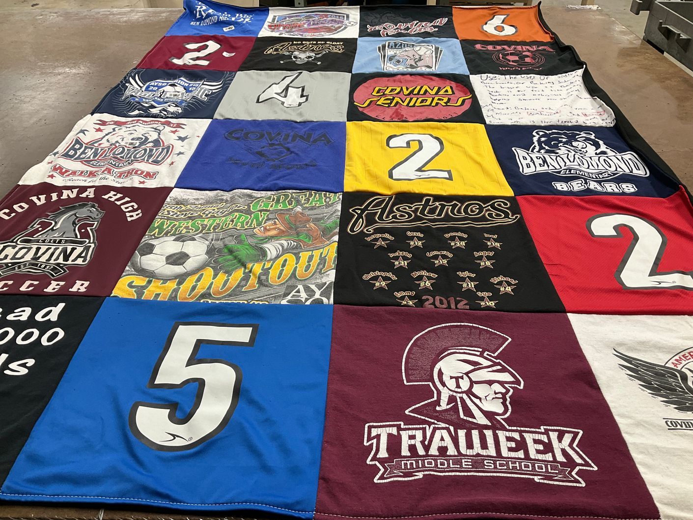 T-shirt quilt from covina high school, traweek middle school by Lucia from CA