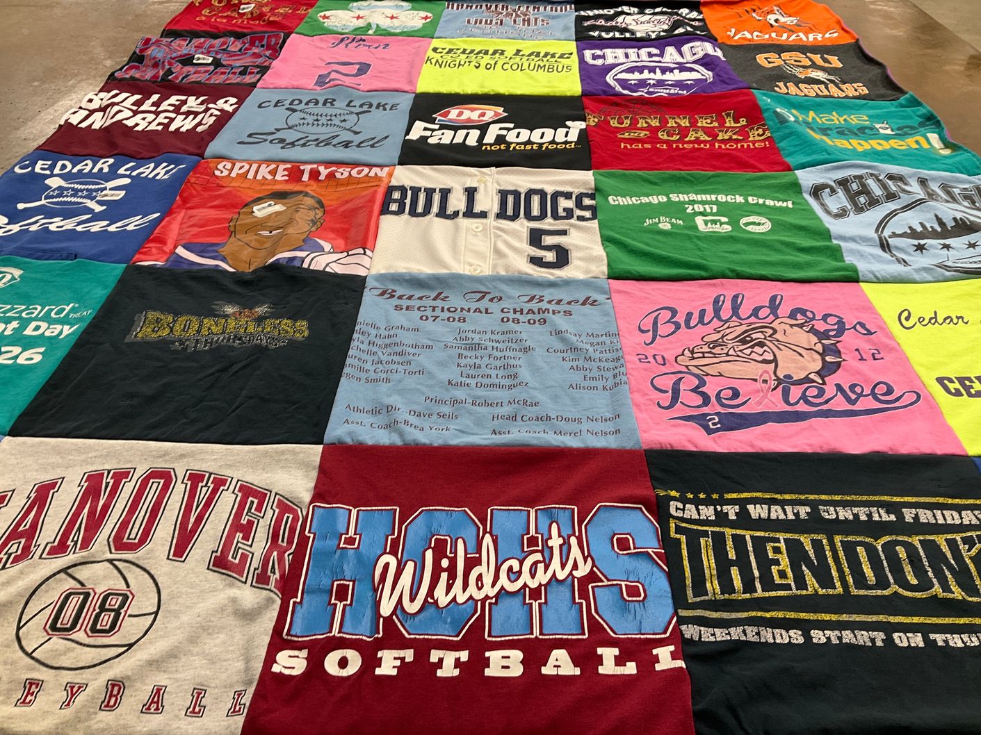 T-shirt quilt featuring bull dogs, hanover wildcats by Katelyn from IN