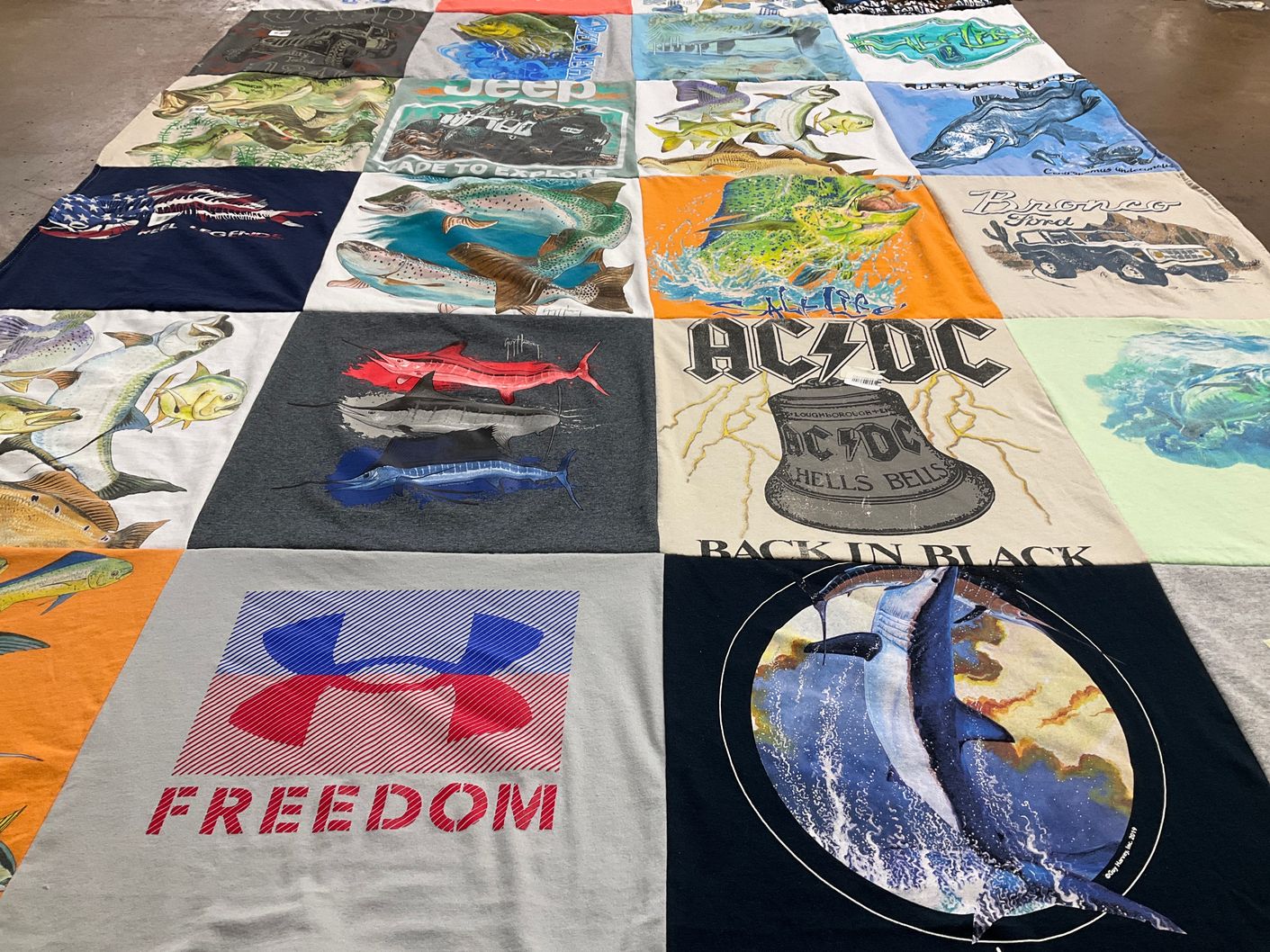 T-shirt quilt with fishing, outdoors themes by Patricia from FL