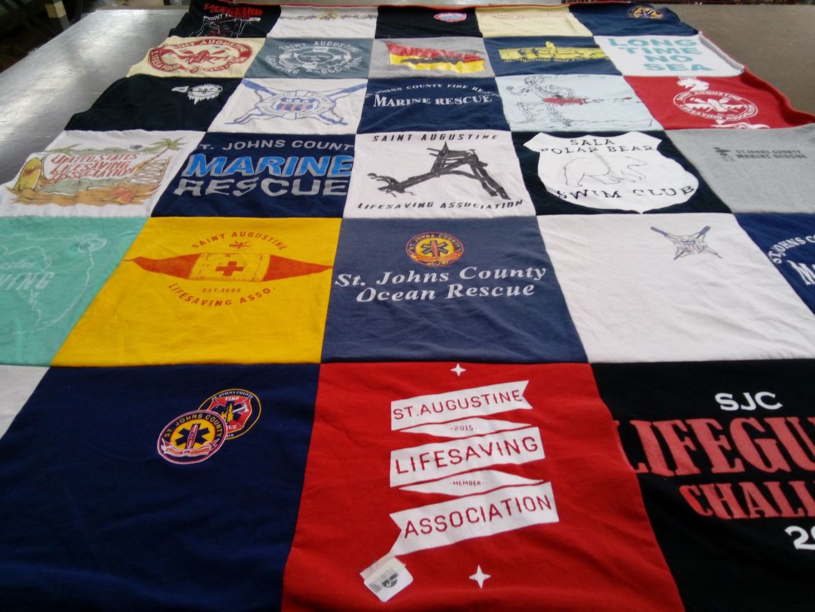 T-shirt quilt with ocean rescue, lifesaving themes by Erin from FL
