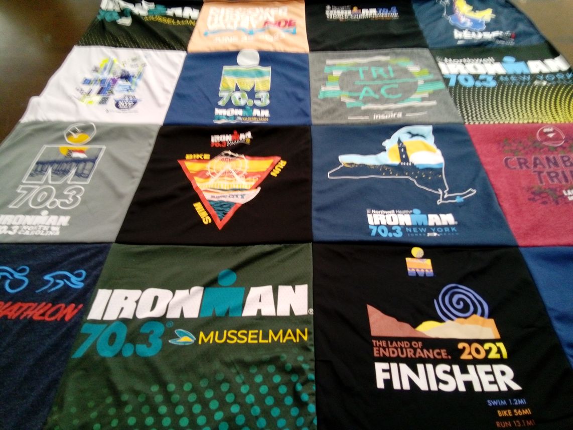 T-shirt quilt with triathlon, endurance sports themes by MIKKO from NY