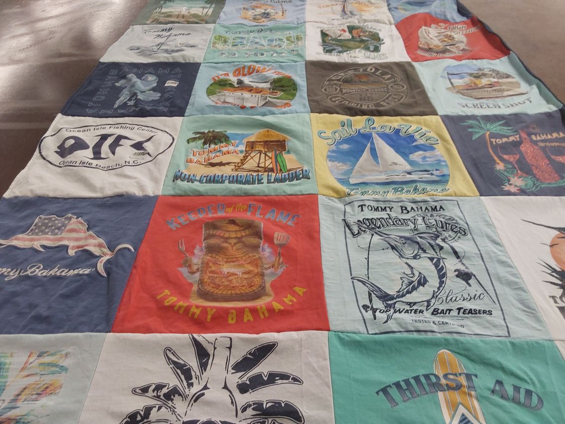 T-shirt quilt with fishing, beach themes by Olga from CA