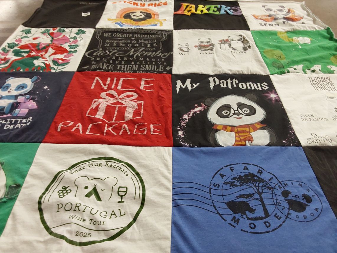 T-shirt quilt with pandas, wine tours themes by KEVIN from CA