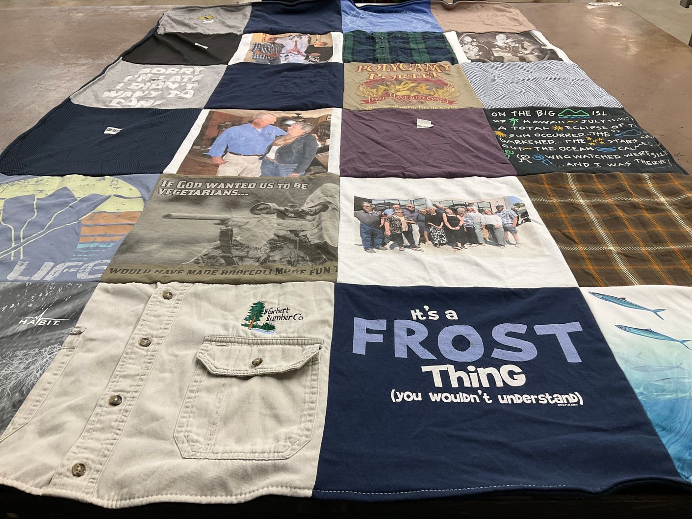 T-shirt quilt with vegetarianism, fishing themes by SANDRA from CO