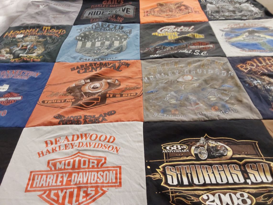 T-shirt quilt with motorcycling, biking themes by Chasity from KS