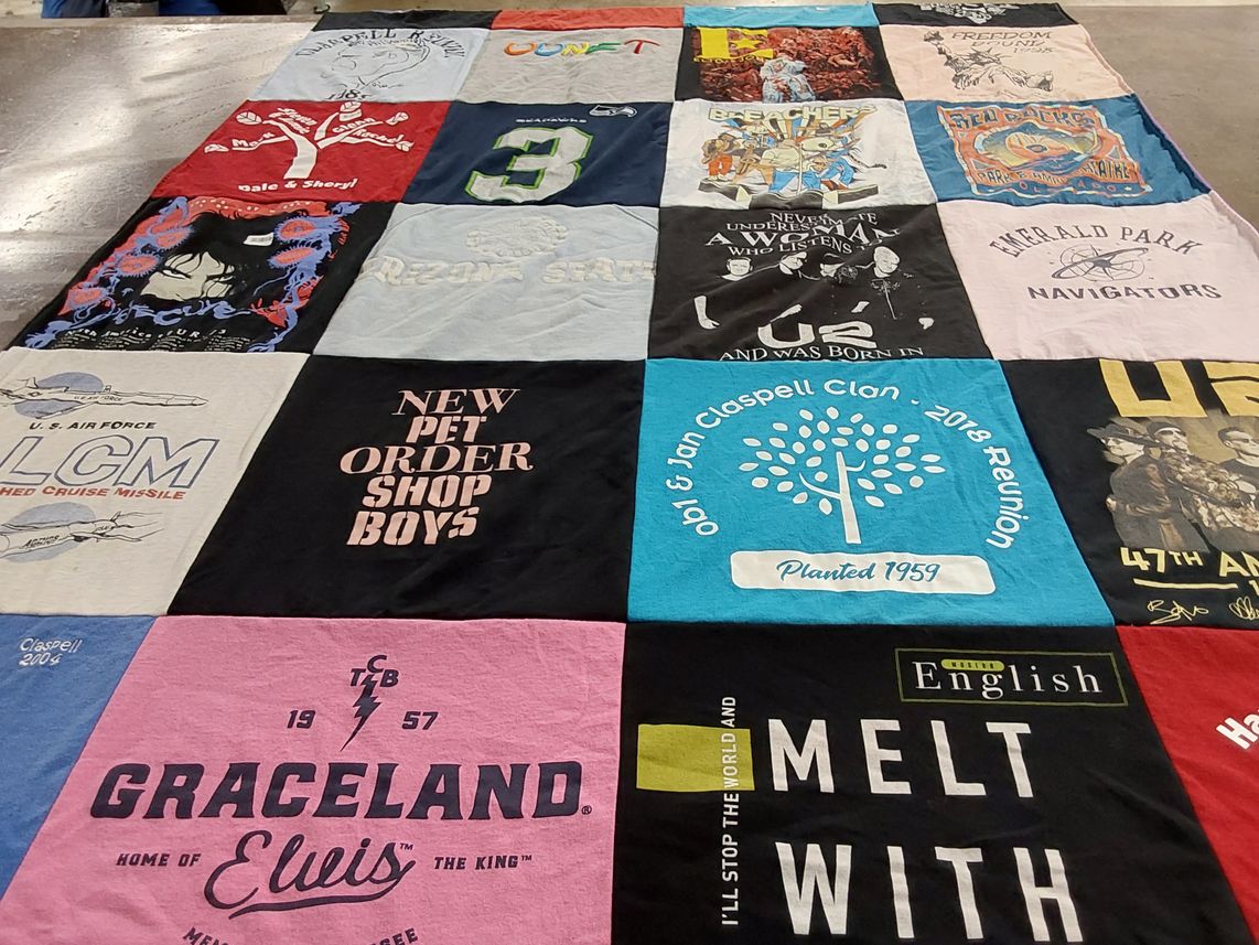 T-shirt quilt with music, reunions themes by Sheryl from WA