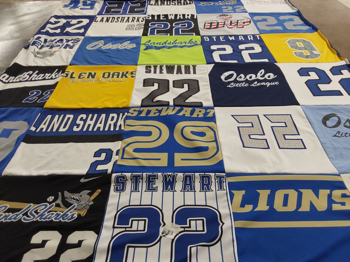 T-shirt quilt featuring land sharks by Chrisi from IN