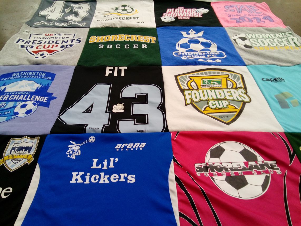 T-shirt quilt with soccer, youth sports themes by Megan from WA
