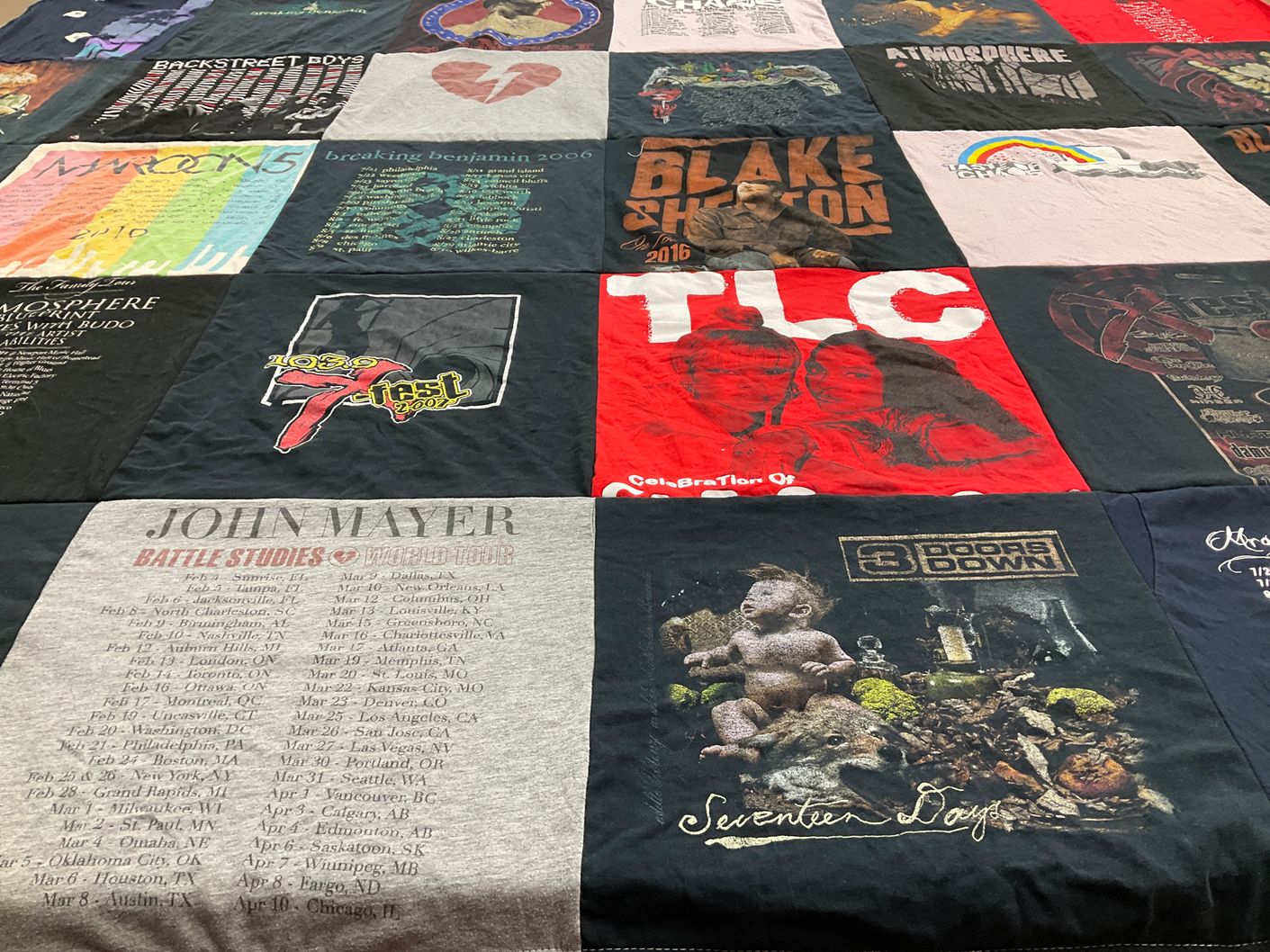 T-shirt quilt with music, concerts themes by Angela from IL
